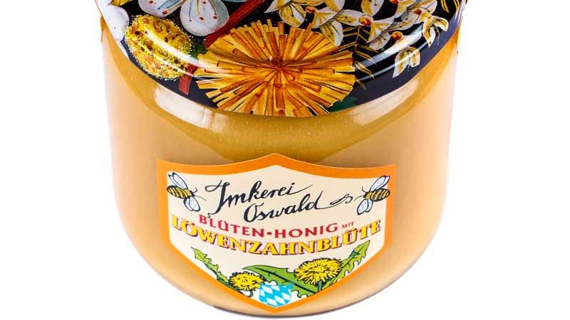Blütenhonig mit Löwenzahn-Blüte 500g, Öko-Bienenhaltung, ein Erzeugnis der Naturschutzwiese | Imkerei Oswald
