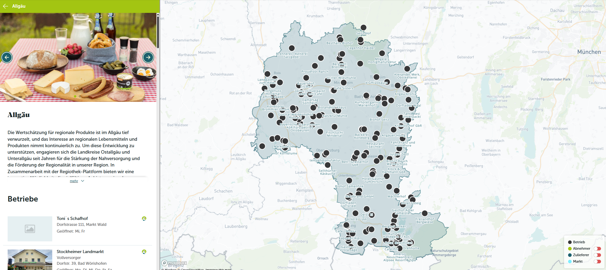 Aktueller Ausschnitt aus der interaktiven Karte von regionalen Anbietern in Ostallgäu und Unterallgäu auf der Regiothek-Plattform.