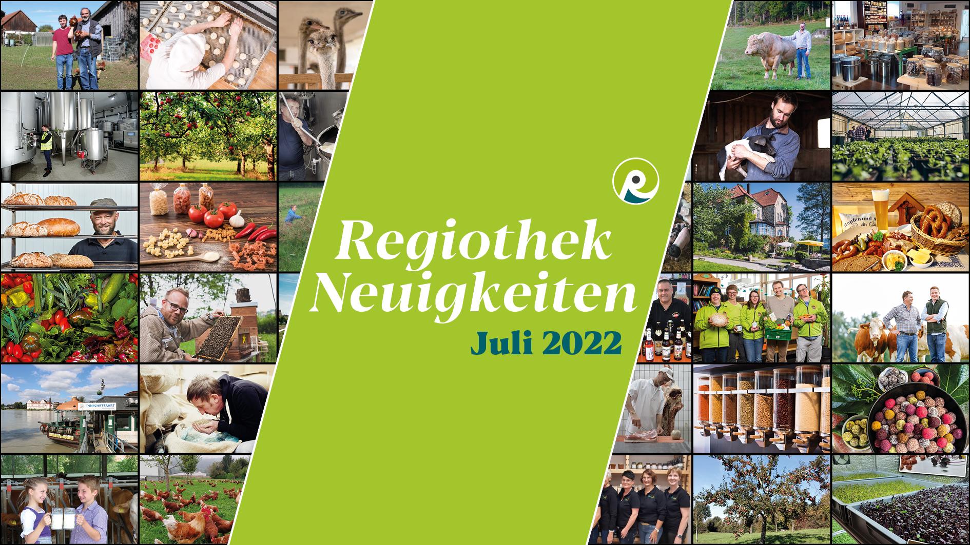 Text "Regiothek Neuigkeiten Juli 2022" auf stilisiertem Hintergrund