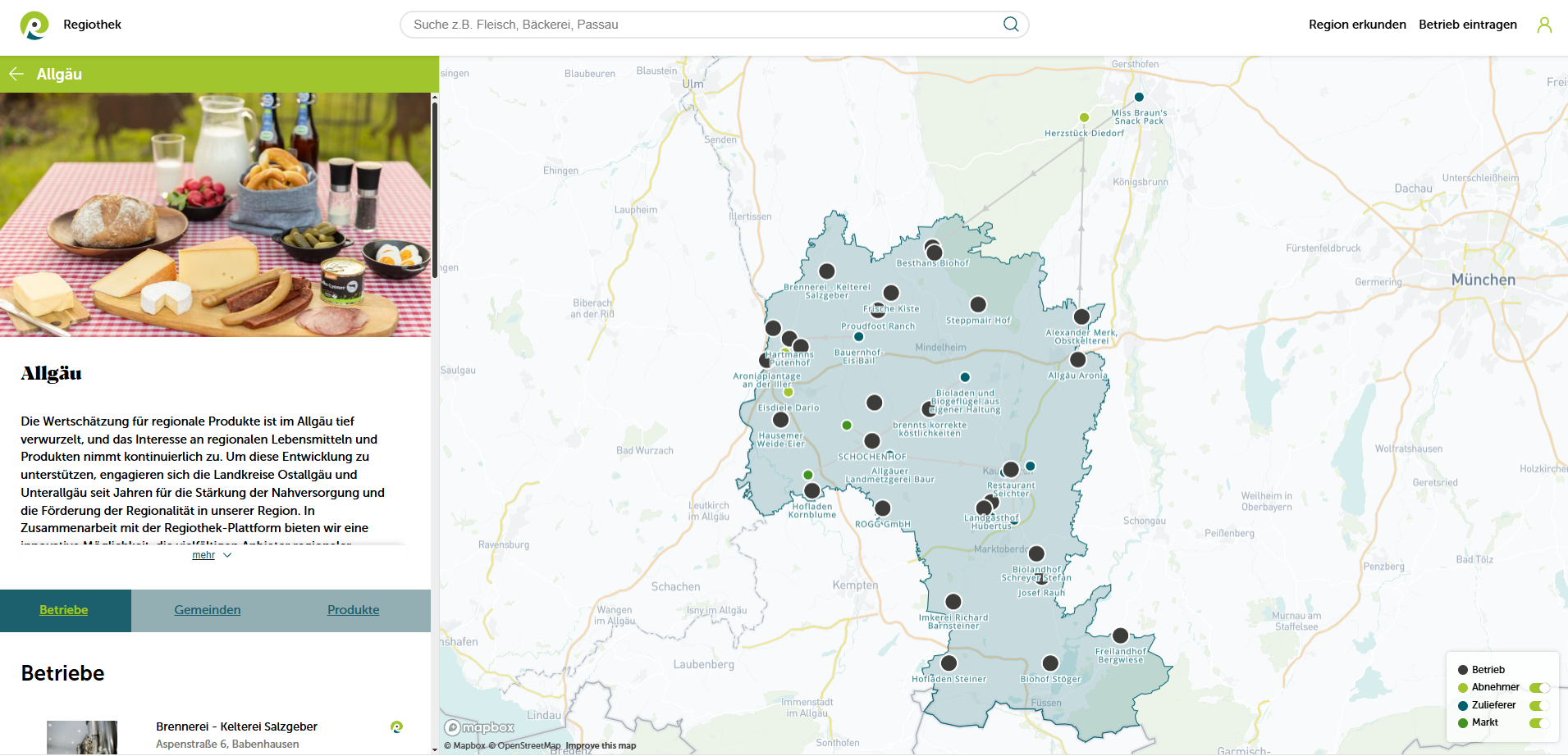 Aktueller Ausschnitt aus der interaktiven Karte von regionalen Anbietern in Ostallgäu und Unterallgäu auf der Regiothek-Plattform.